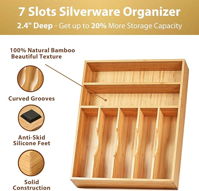 Umilife Kitchen Drawer Organizer, 12.5 Inch Silverware Utensil Tray Holder, Extra Deep, with Non-Slip Feet & Grooved Drawer Divider, 7 Slots Total Bamboo Wood Caddy for Flatware Cutlery Knives-Ruum Studio Home