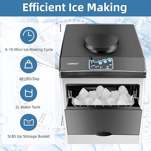 COSTWAY 2 in 1 Countertop Ice Maker Built-in Water Dispenser, 48LBS per Day, S/M/L Size Ice Cube, 5LBS Ice Storage Basket, Fast 6 Mins, Stainless Steel Ice Machine with Extendable Chilled Water Spout-Ruum Studio Home