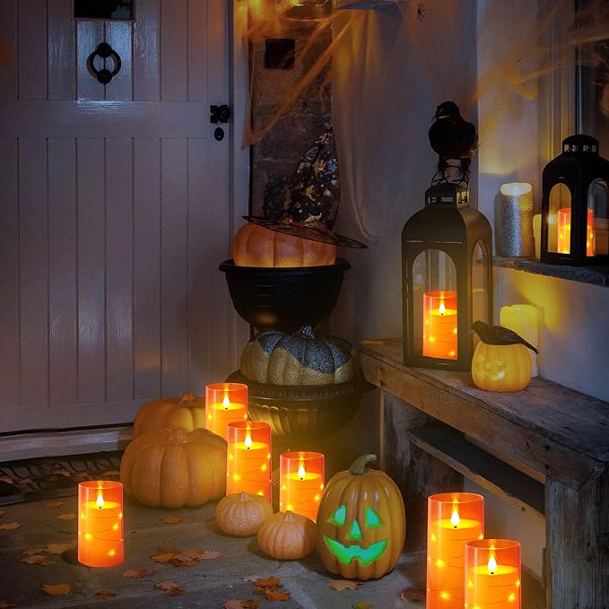 NURADA 3"x6"Flickering Flameless Candles: Built-in Star String Lights 3D Wick Battery Operated LED Pillar Candles with Remote and Timer for Halloween Thanksgiving Dinner Tables Home Fall Decor Orange-Ruum Studio Home