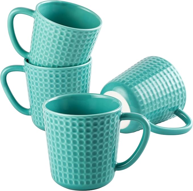 Ceramic Coffee Mugs 15 oz, Large Waffle Embossed Mug Set with Handle, Unique Coffee Cups for Latte, Cappuccino, Cocoa, Hot Tea, Mocha, Milk, Housewarming Wedding Present - Set of 4 (Turquoise)-Ruum Studio Home