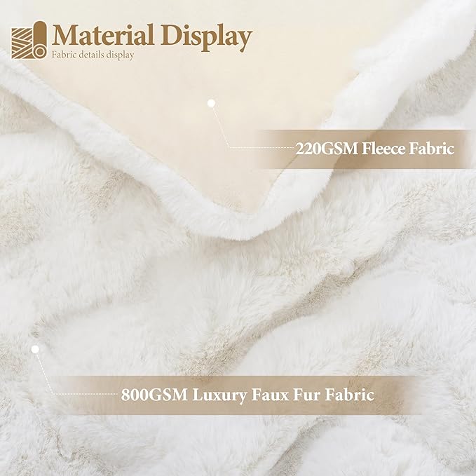 Touchat Luxury 1000GSM Faux Rabbit Fur Throw Blanket, Super Heavy Warm Cozy Blankets for Couch Bed Sofa, Bubble Plush Fuzzy Elegant Soft Reversible Mink Blanket for Living Room Bedroom, Cream White-Ruum Studio Home