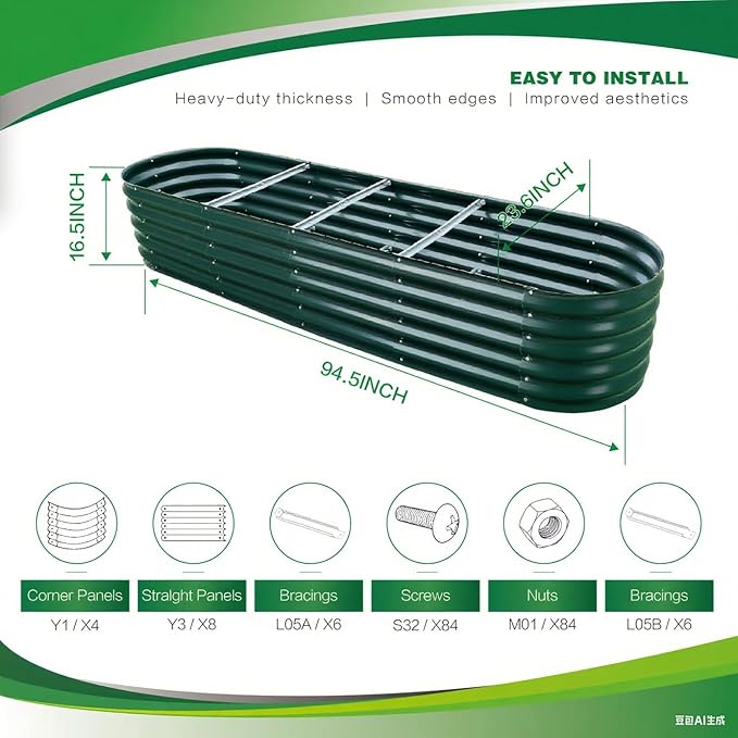 Gardmax Galvanized Raised Garden Bed, Lightweight Planter Boxes Outdoor with Easy Assembly, Large Garden Bed for Vegetables, Fruits, Flower Dark Green 8FT-Ruum Studio Home