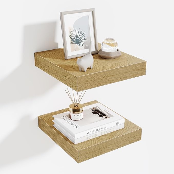 Fun Memories Floating Shelves for Wall - 10" x 10" Wood Shelf with Invisible Bracket - Deep Floating Shelves - 10 Inch Shelf Wall-Mounted for Living Room & Bathroom - Oak - Set of 2-Ruum Studio Home