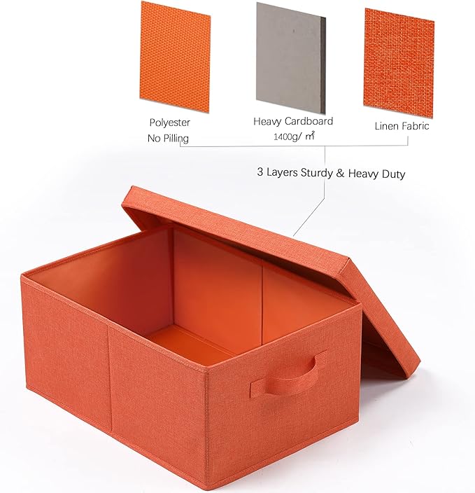 HOONEX Storage Bins with Lids for Organizing, Pack of 2, Storage Boxes with 2 Carrying Handles and Sturdy Heavy Cardboard, 16.5" L x 11.8" W x 7.5" H for Shoes, Books, Clothes, Nursery, Orange-Ruum Studio Home