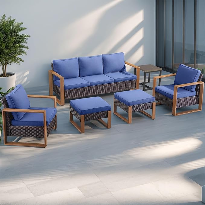 Outdoor Wicker Patio Furniture Set - 5 Piece Patio Conversation Set with 2 Wicker Armrest Chairs,2 Rattan Ottoman, 1 Side Table, Sturdy Frame, Thick Cushions, Deep Seating(Brown/Blue)-Ruum Studio Home