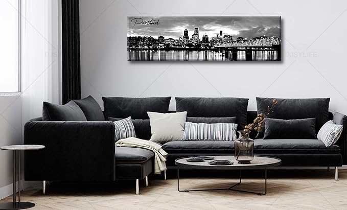 DJSYLIFE-Portland Skyline Canvas Print Modern City Landscape Wall Art USA Skyscraper Black and White Panoramic Night View Painting Office Living Room Home Decor Ready to Hang 13.8"x47.3"-Ruum Studio Home