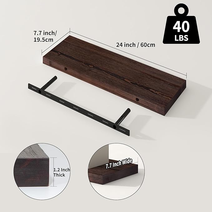 SAUMONIERES Floating Shelves 8 Inch Deep Solid Wood Wide Wall Shelf Set of 2 Wall Mounted for Bedroom Bathroom Living Room Kitchen, 24 Inch Walnut-Ruum Studio Home