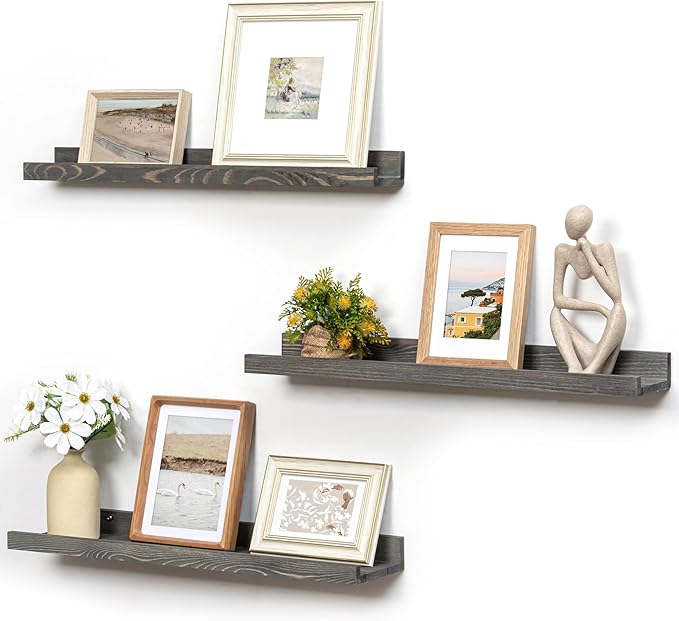 Picture Ledge Wall Shelves - 24 Inch Width Set of 3, Solid Pine Wood Rustic Floating Ledge Shelves for Kids' Room, Bedroom, Kitchen, Bathroom, Living Room, Nursery Display Wall Decor, Grey-Ruum Studio Home