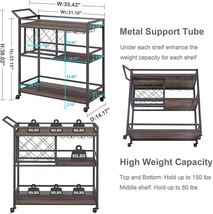 FATORRI Bar Cart for The Home with Wine Rack and Glasses Holder, Small Home Bar Serving Cart on Wheels for Liquor and Alcohol (Walnut Brown)-Ruum Studio Home