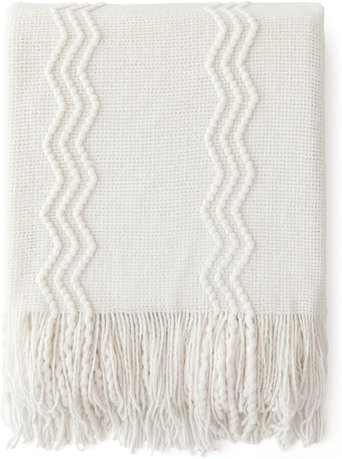 MIULEE Off White Knitted Throw Blanket for Couch Textured Knit Blanket with Tassels Cozy Woven Boho Bed Blanket for Sofa Bed Chair Acrylic Wave Pattern 50"x60"-Ruum Studio Home