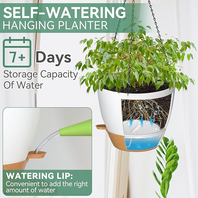 ZMTECH 12 Inch Hanging Planters for Indoor Outdoor Plants, 1 Pack Self Watering Hanging Plant Pots with Drainage Holes and Removable Saucer, Plastic Flower Hanging Pots with Watering Lip (White)-Ruum Studio Home