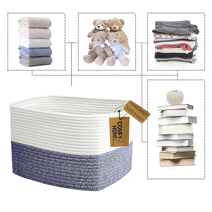 COMFY-HOMI 3 Pack Medium Cotton Rope Basket with Handles for Shelves, Dog Toy, Baby, Gift Organizing, Handwoven Craft - New Generation 13.5" x 11" x 9.5" (Navy Blue)-Ruum Studio Home