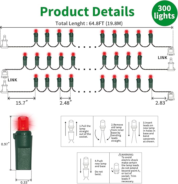 Red Wide Angle LED Christmas Lights, 64.8 Ft 300 Count, Pack of 3 Strands 21.9 Ft 100 Lights UL Certified Commercial Grade Green Wire 5mm Holiday String Light-Ruum Studio Home