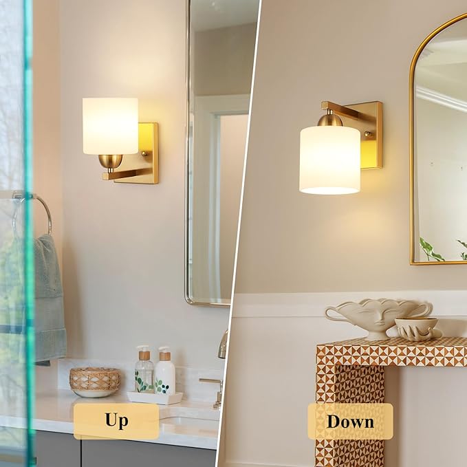 Gold Milk Glass Wall Sconces, 1 Pack Hardwired Indoor Wall Light Fixtures for Living Room, Hallway, Bedroom, Ceramic E26 Sockets (Bulbs Not Included)-Ruum Studio Home