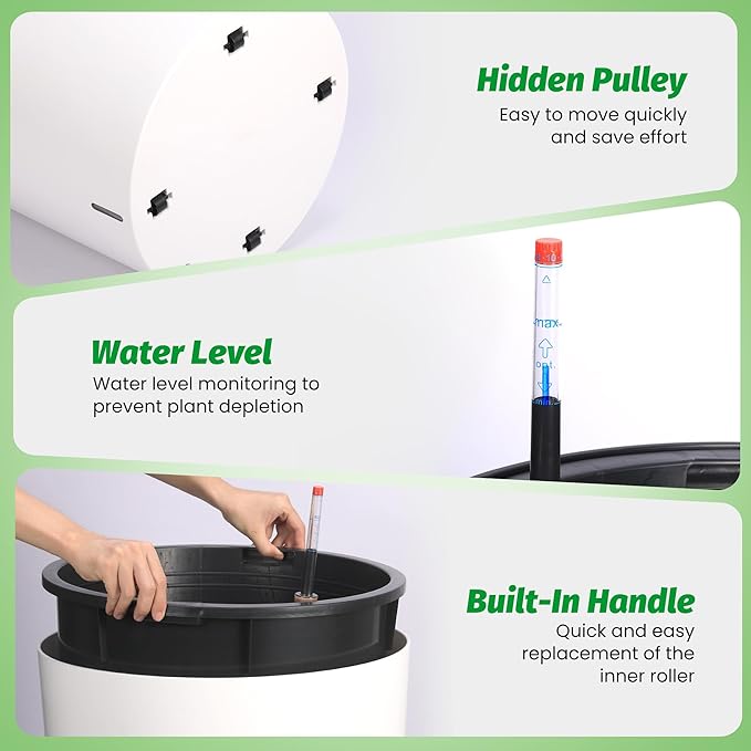 Tall Round Planter Set of 2, 19.5‘’ H x 19.9" Dia Large Planters for Indoor Plants with Built-in Drainage and a Water Level Monitor and Wheels for Patio, Porch, Living Room, or Home Office, White-Ruum Studio Home