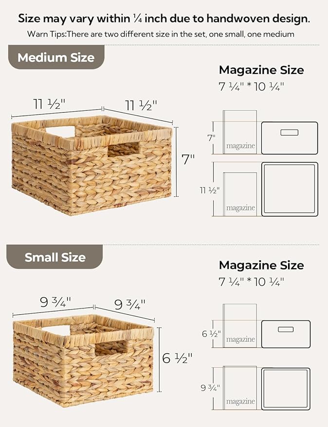 StorageWorks Wicker Storage Basket, Large and Small Baskets, Water Hyacinth Basket for Organizing, Decorative Water Hyacinth Storage Baskets, Set of 2-Ruum Studio Home