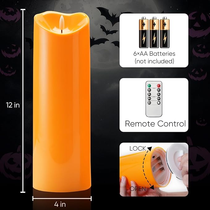 Homemory 4"x12" Halloween Orange Flameless Candles, Fall Candles, Outdoor Waterproof Flameless Candles with Remote and Timers, Battery Operated LED Pillar Candles, Won't Melt Plastic, Set of 2-Ruum Studio Home