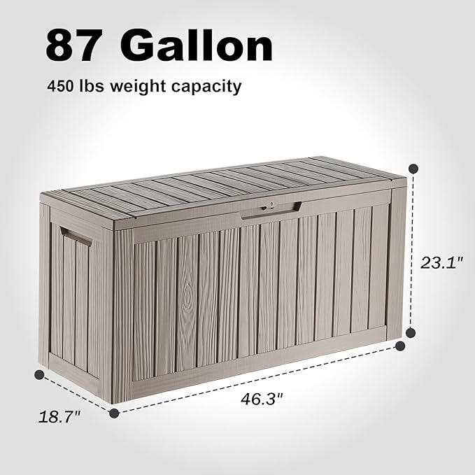 87 Gallon Deck Box Large Outdoor Storage for Patio Furniture,Outdoor Cushions,Garden Tools and Pool Supplies,Waterproof,Resin,Lockable(Grey)-Ruum Studio Home