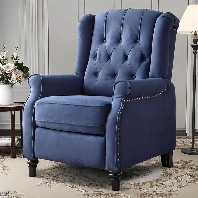 EBELLO Pushback Recliner Chair, Fabric Armchair Push Back Recliner with Rivet Decoration, Single Sofa Accent Chair for Living Room, Bedroom, Navy Blue-Ruum Studio Home