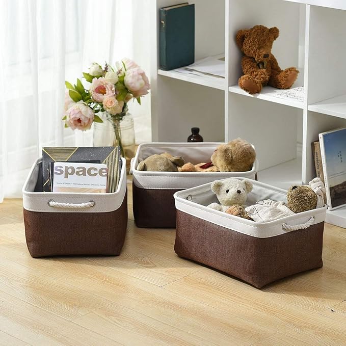 Organization and Storage Basket for Organizing - 16x12x8 inch Large 4 Pack Fabric Storage Cube Collapsible Storage Bins for Shelves, Storage Box for Cloth Books Canvas(White & Flaxen)-Ruum Studio Home