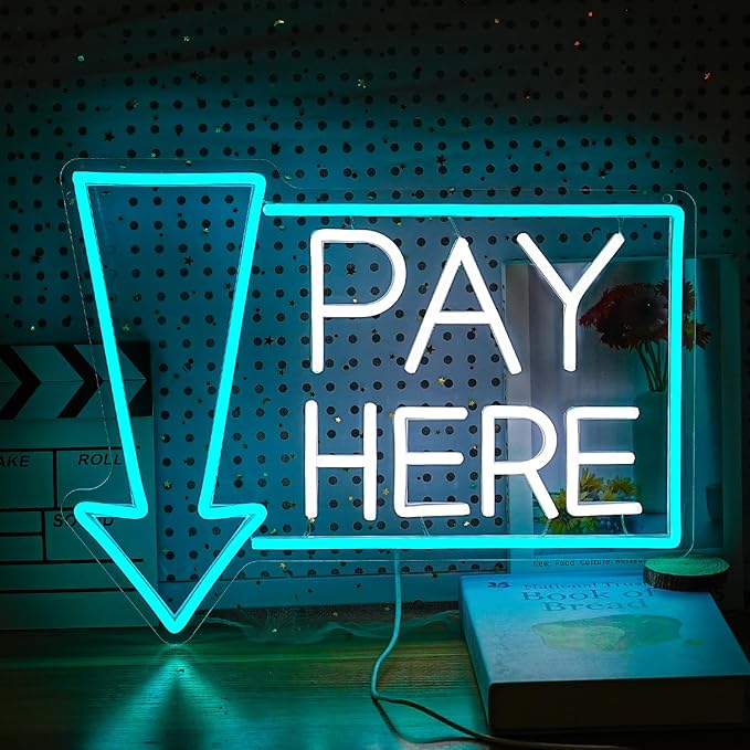 Pay Here Neon Sign Bright Ice Blue White Pay Light Up Sign for Business Decor Dimmable LED Words Neon Light for Restaurant Shop Bar Neon Wall Decor (16.5 * 12.8 In)-Ruum Studio Home
