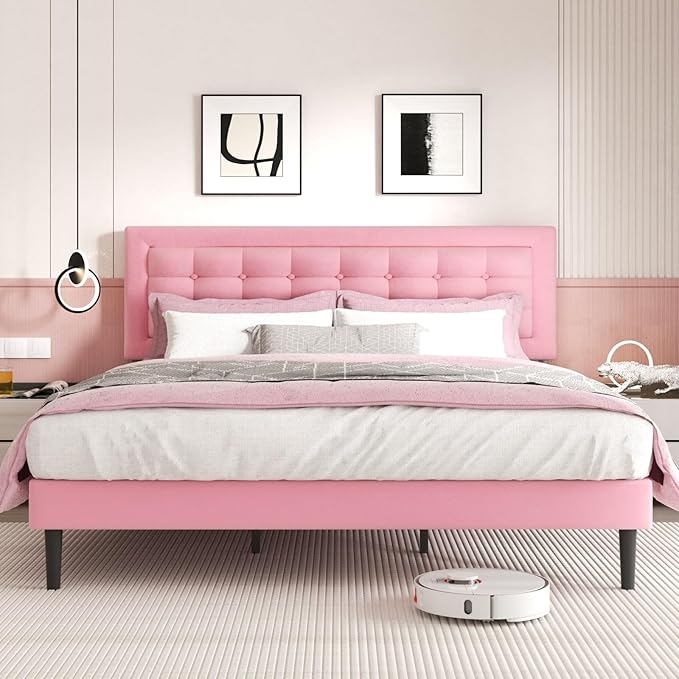 King Size Bed Frame with Headboard, Platform Bed Frame with Velvet Upholstered Button Tufted Headboard, Wood Slats Support, No Box Spring Needed, Mattress Foundation, Easy Assembly, Pink-Ruum Studio Home