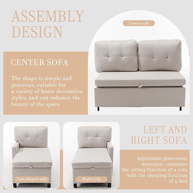 Pull Out Couch, Oversized Sleeper Sofa Couch, Sectional Sleeper Sofa Bed for Living Room Bedroom Lounge (Beige, 73 Inch)-Ruum Studio Home