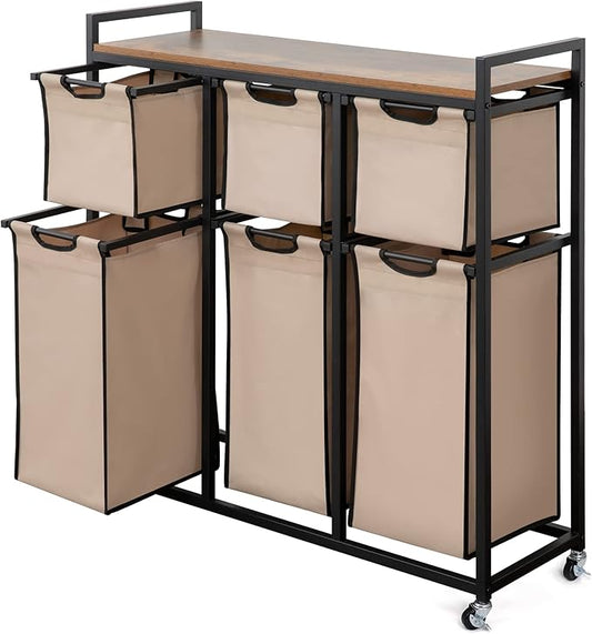 Laundry Basket Organizer, Hampers for Laundry 6 Compartments, Laundry Hamper with 6 Sliding Laundry Sorter Bags, Top Storage Shelf, and Metal Frame (6 Compartments)-Ruum Studio Home