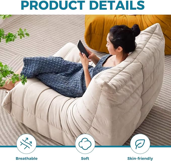 Modern Living Room Chair, Big Bean Bag Adult Floor Sofa, Togo Recliner Memory Foam Lazy Couch Suitable Balcony for Fireside Chair (Apricot Color)-Ruum Studio Home