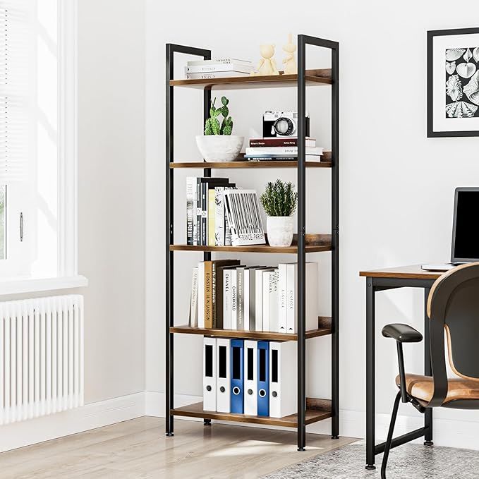 NUMENN Bookshelf, 5 Tier Bookshelves, Home Office Bookcase Shelf Storage Organizer, Free Standing Storage Shelving Unit for Bedroom, Living Room and Home Office, Vintage-Ruum Studio Home