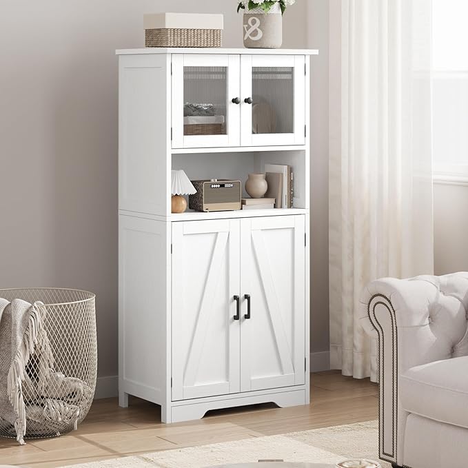 GarveeHome 54in Tall Bathroom Cabinet, Farmhouse Storage Cabinet with Glass Doors and Adjustable Shelves, Freestanding Kitchen Pantry Cabinets, Cupboard for Living Room, Dining Room, White-Ruum Studio Home