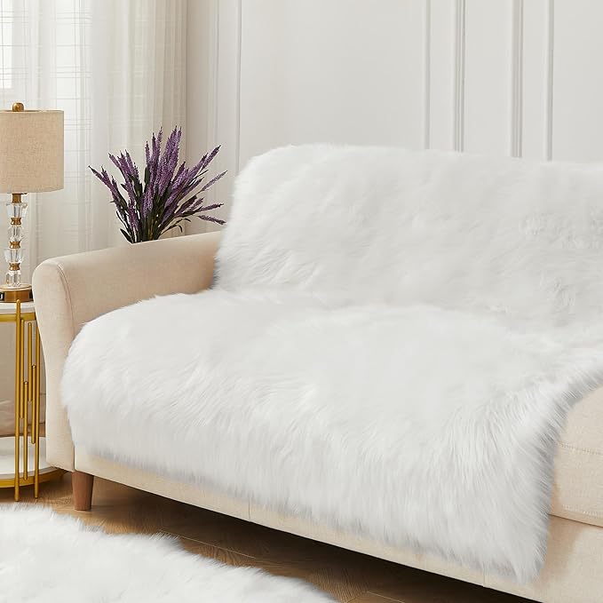 AMTOVO Faux Fur Sheepskin Rug for Living Room, 4 x 6 ft White Fluffy Area Rug for Bedroom, Playroom, Luxury Room Decor, Rectangle-Ruum Studio Home