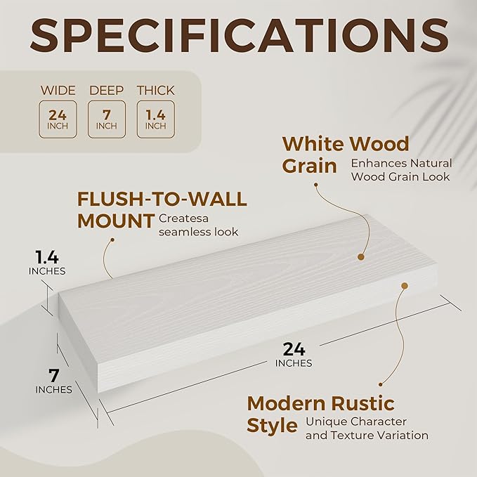 24 inch Floating Shelves Long Floating Shelves for Wall Large Wall Mounted Shelves with Invisible Brackets, White Shelves for Bathroom, Living Room, Kitchen, Office, 24x6.7 inch deep Set of 2-Ruum Studio Home