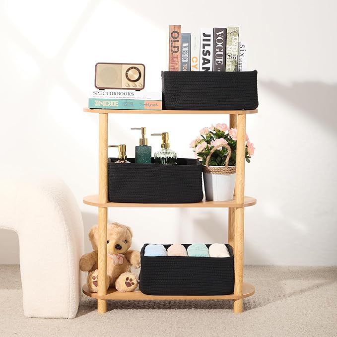 Small Storage Baskets for Organizing | Closet Organizer Bins | Shelf Toy Basket | Woven Rope Baskets | Cube Decorative Box | Shallow Basket | 13x8.5x5.1” | 4 Packs Black-Ruum Studio Home