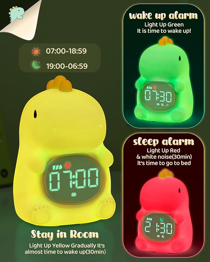 Dinosaus Alarm Clock for Kids with Night Light, Sleep Training Clock Time to Wake Clock, Rechargeable Silicone Light for Bedroom, Perfect Sleep Companion for Boys Girls-Ruum Studio Home