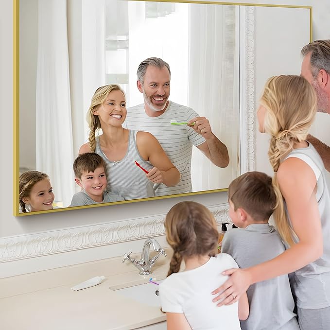 Gold Bathroom Mirror for Wall, 60x36 Inch Rectangle Mirrors with Metal Frame, Modern Vanity Wall Mirror Decor for Bathroom Living Room, Entryway Hangs Horizontal or Vertical-Ruum Studio Home