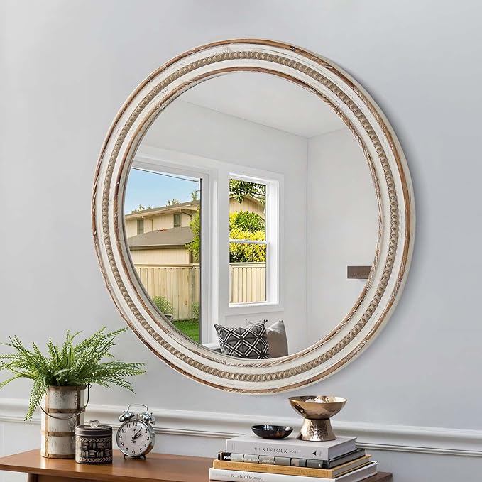 24 Inch Round Mirror - Distressed Vintage Farmhouse Mirror for Bathroom Wall, Living Room, Bedroom & Entryway, Handmade Wood Frame-Ruum Studio Home