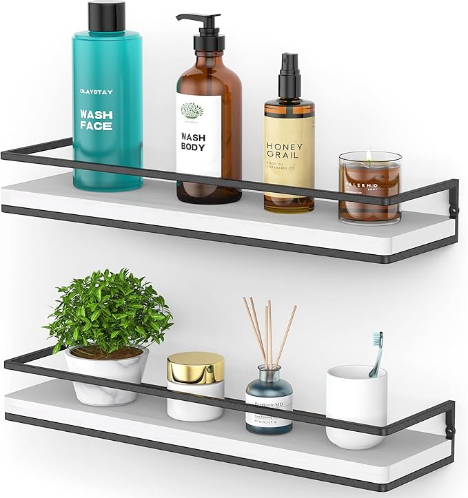 Meangood Floating Shelves Wall Mounted Set of 2, Rustic Wood Wall Storage Shelves for Bedroom,Living Room,Bathroom, Kitchen (White)-Ruum Studio Home