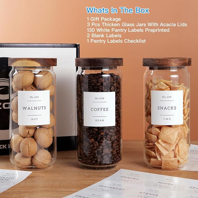 3 Set Glass Pantry Storage Jars with Acacia Airtight Lid - 35oz Thicken Glass Kitchen Canisters with 132 Pantry Labels - Clear Food Storage Containers with Wood Lid for Tea,Sugar,Cookie,Pasta-Ruum Studio Home