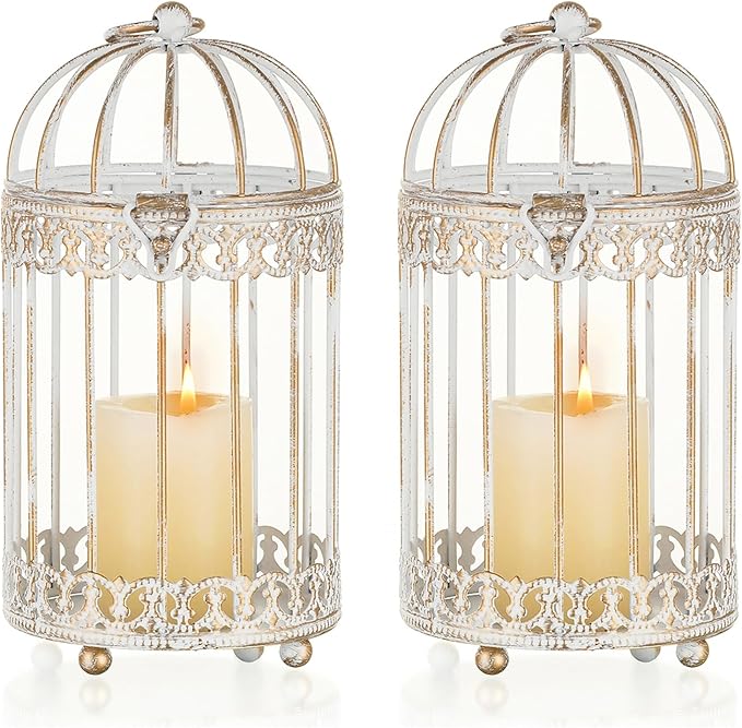 NUPTIO Candle Holders for Pillar Candles: 2 Set of 7.7 inch H Antique White Bird Cages Lantern Wedding Centerpiece Small Metal Hanging Pillars Holder for Bridal Shower Party Table Decorations-Ruum Studio Home