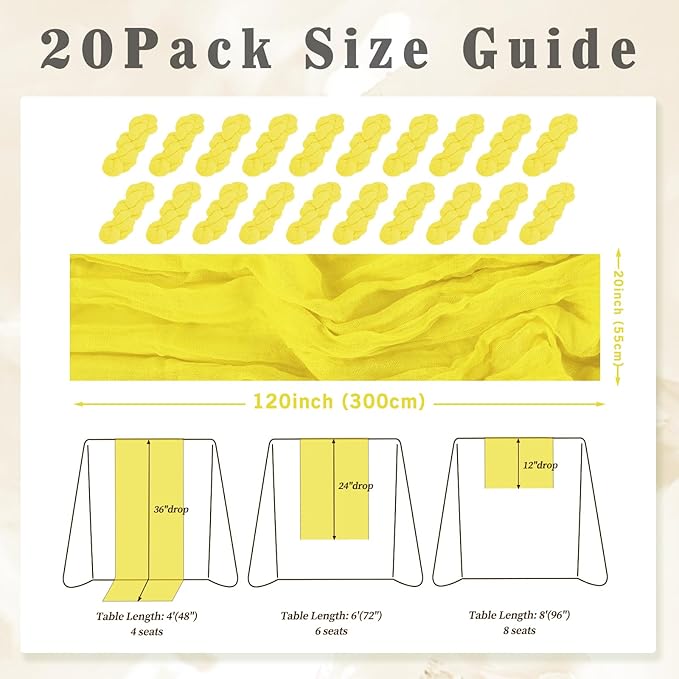 20 Pack Yellow Cheesecloth Table Runner 20 x 120 Inch Long Rustic Gauze Cheese Cloth Table Runner for Wedding 10FT Bridal Baby Shower Table Decorations Boho Fabric Sheer Birthday Party Table Decor-Ruum Studio Home