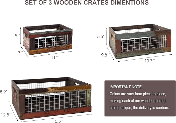 TIMRIS Set of 3 Rustic Wood Nesting Crates, Farmhouse Distressed Wooden Storage Boxes, Decorative Reclaimed Wood Organizer Baskets with Wire Mesh (Random)-Ruum Studio Home