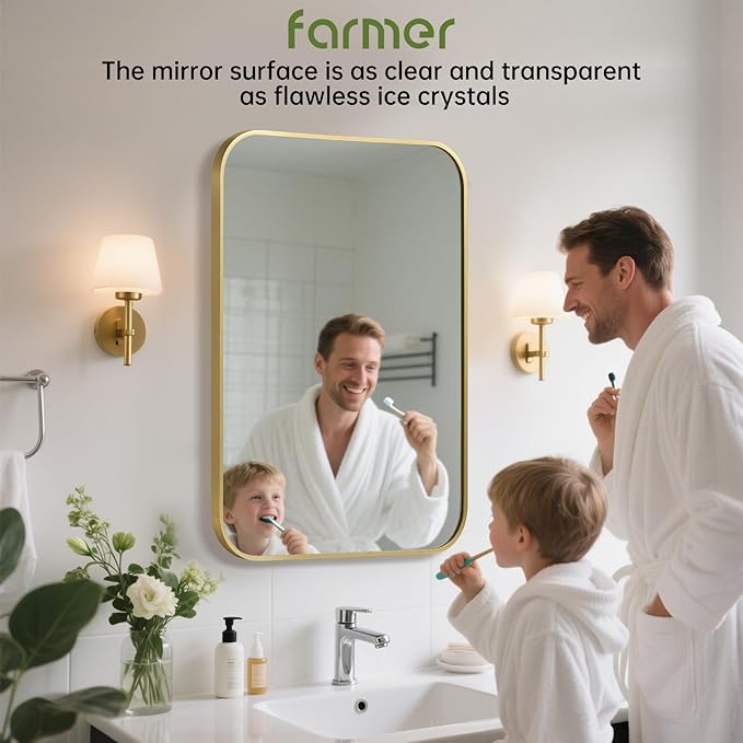 FARMER 16x24 Inch Gold Bathroom Mirror, Rectangle Vanity Mirror, Brushed Mirrors for Wall, Metal Frame Hanging Mirror with Round Corner for Bedrooms, Entryways, Living Rooms, Horizontal/Vertical-Ruum Studio Home