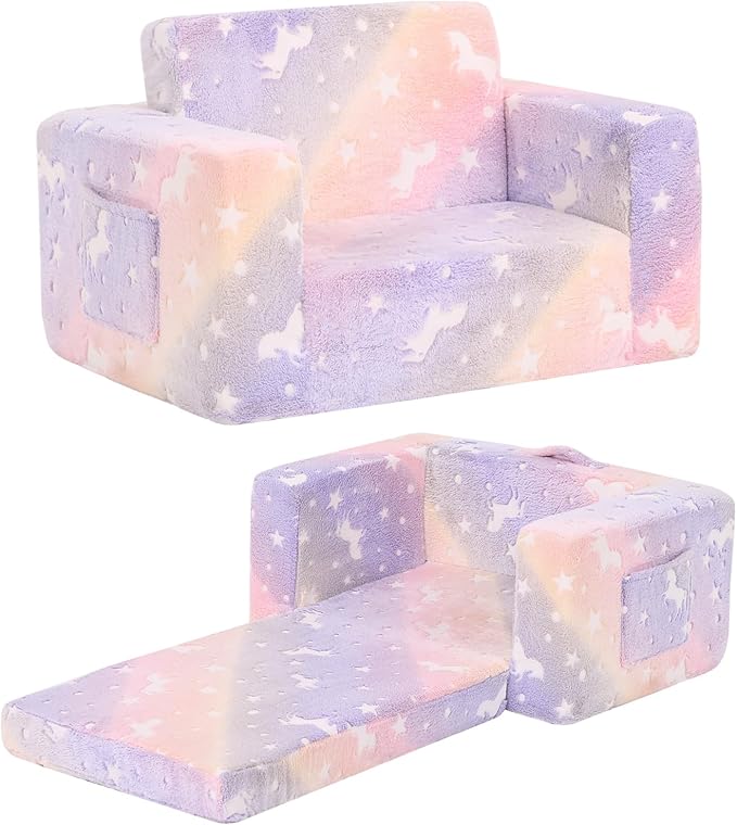 Toddler Chair Kids Couch, 2-in-1 Toddler Soft Sherpa Couch Fold Out Armchair with Removable Cover, Convertible Reading Chair Toddler Sofa for Kids, Glow in The Dark Purple Horse-Ruum Studio Home