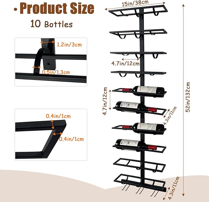 20 Bottle Wall Mount Wine Rack with Wine Glass Holder, Metal Wine Wall Rack, Wall Racks for Wine Bottles Display and Storage, Hanging Bottle Organizer for Living Dining Room Wine Cellar Bar (Black)-Ruum Studio Home