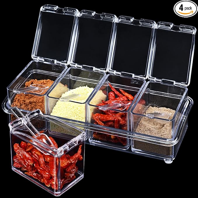 4 PCS Seasoning Box, Clear Spice Containers with Spoon, Acrylic Toppings Containers with Lids, Kitchen Multi Spice Box for Salt, Sugar, Pepper, Garlic Powder-Ruum Studio Home