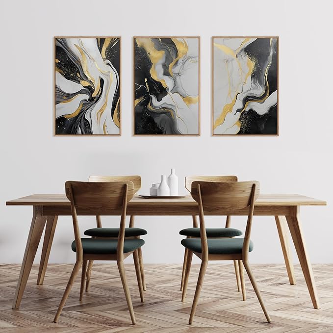 HLNIUC Abstract Gold and Black Framed Canvas Wall Art,Large Neutral Black and White Wall Decor Set of 3(16”x24”)Modern Gold Foil Framed Painting,Textured Marble Fluid Art Print for Living Room,Bedroom-Ruum Studio Home