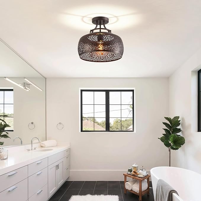 WUZUPS Chandelier Rustic Farmhouse Industrial Round Semi-flushmount Ceiling LED Light Fixture with Later-Cut Openwork Drum Shade, H 11.8" x W 13.4", Oil Rubbed Bronze-Ruum Studio Home