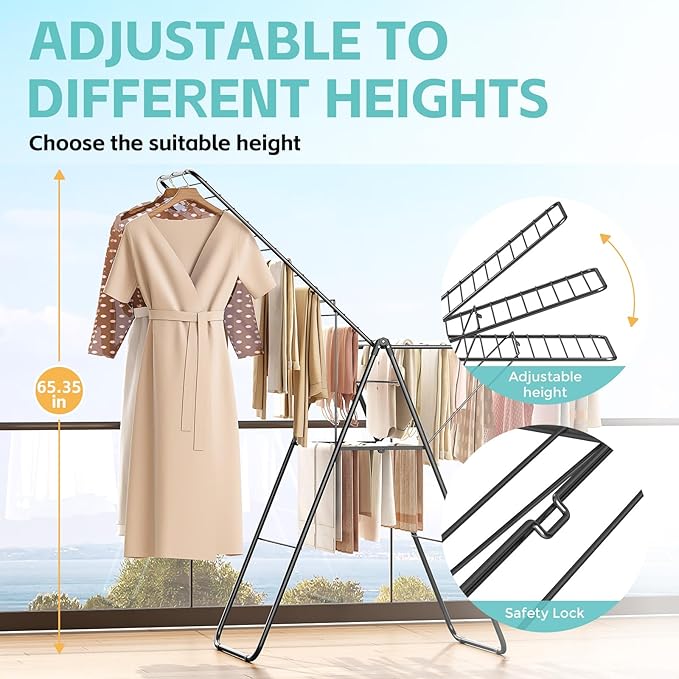 APEXCHASER Clothes Drying Rack, Oversized Drying Rack Clothing with Height-Adjustable, Foldable Gullwings Metal Laundry Rack, Indoor Outdoor Use, No Assembly, Black-Ruum Studio Home
