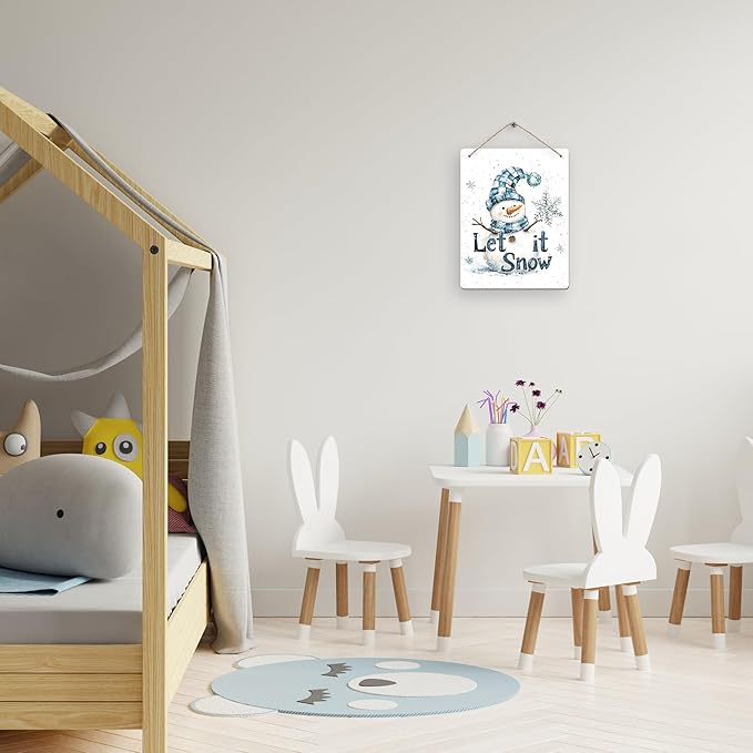 Winter Snowman Hanging Wooden Signs 12x6, Let It Snow Signs, Winter Wall Decor, Winter Door Decor, Blue Snowman Winter Snowflakes Home Room Office Hanging Wall Decor-Ruum Studio Home